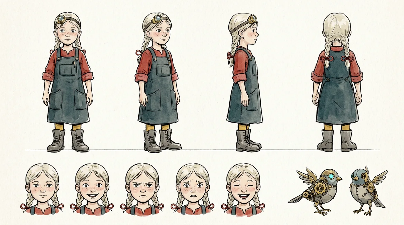 Character model sheet: a Swiss girl inventor in front, three-quarter, side and back view on one baseline, with five expression studies and her mechanical bird