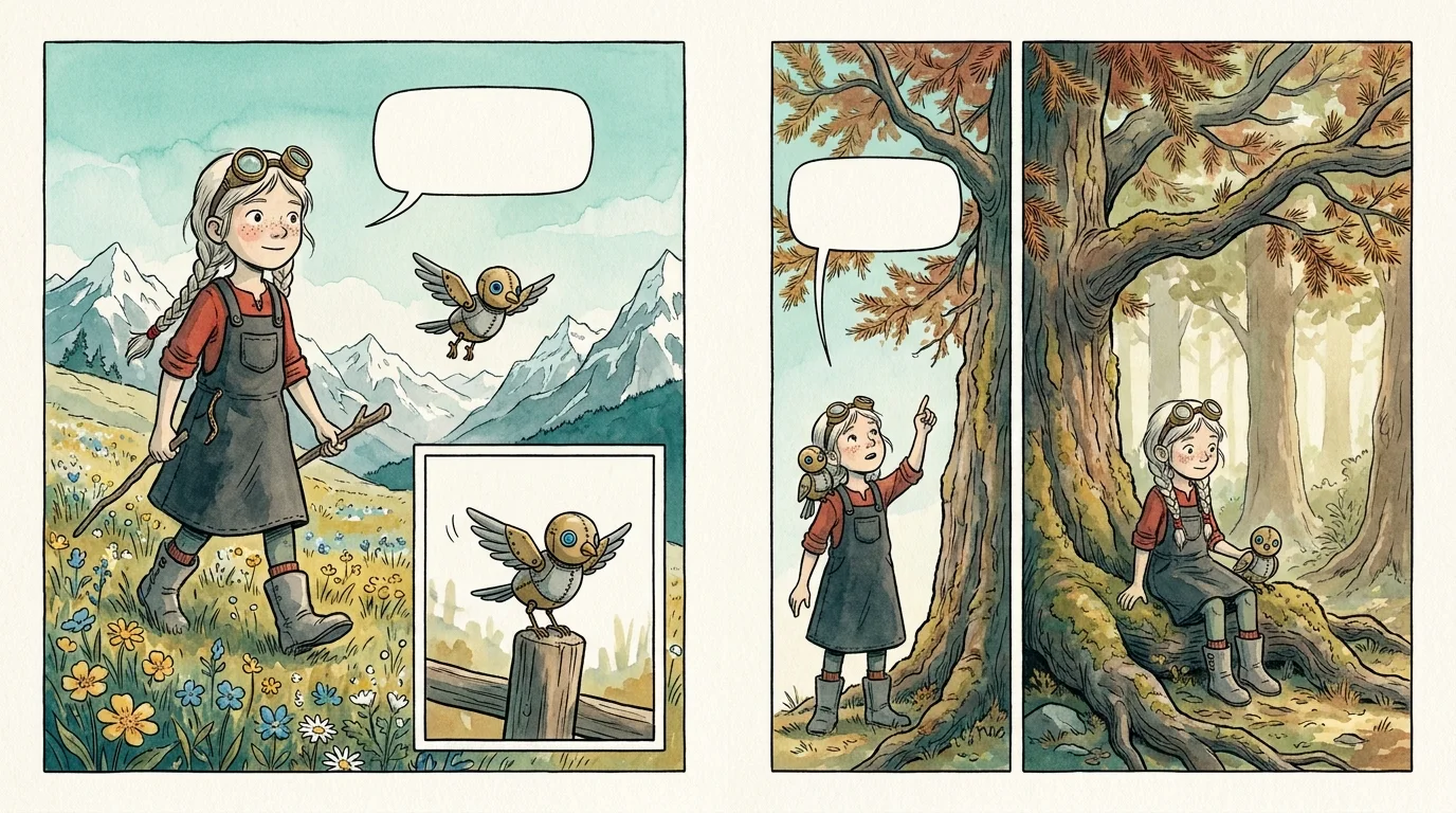A double-page children's graphic novel spread: a girl and her mechanical bird crossing an alpine wildflower meadow below snow-capped peaks and resting at the roots of an old larch