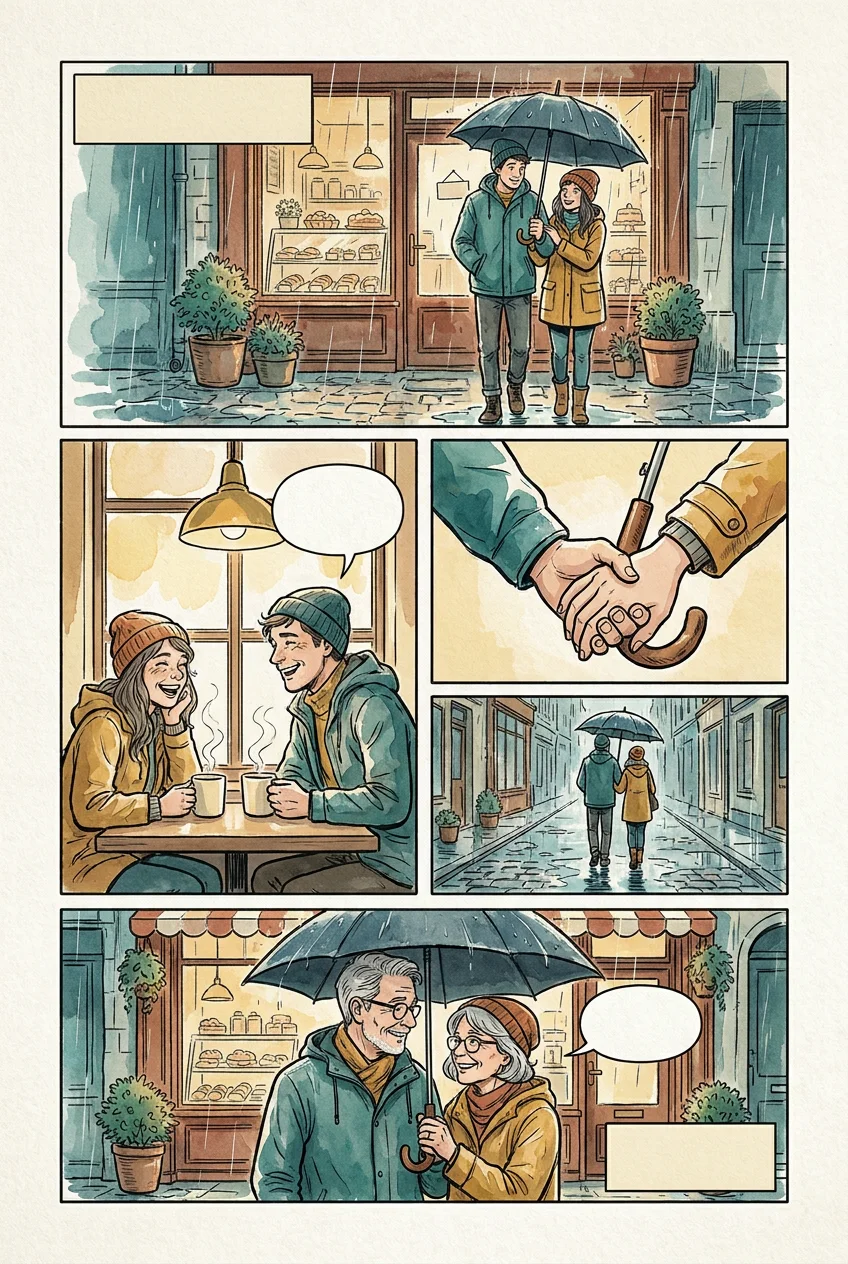 A five-panel commissioned comic page: a couple meeting under an umbrella outside a bakery in the rain, laughing over coffee, and the same two decades older outside the same bakery