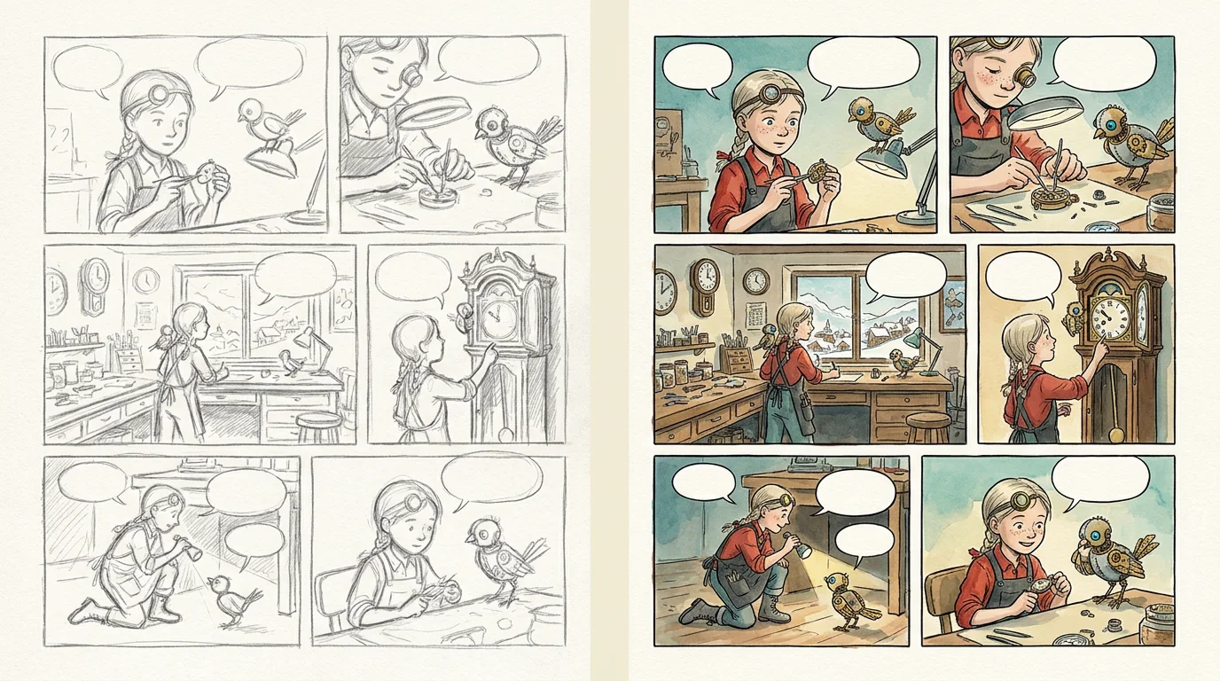 Process comparison: a rough grey pencil thumbnail of a six-panel page beside the same layout fully illustrated in colour