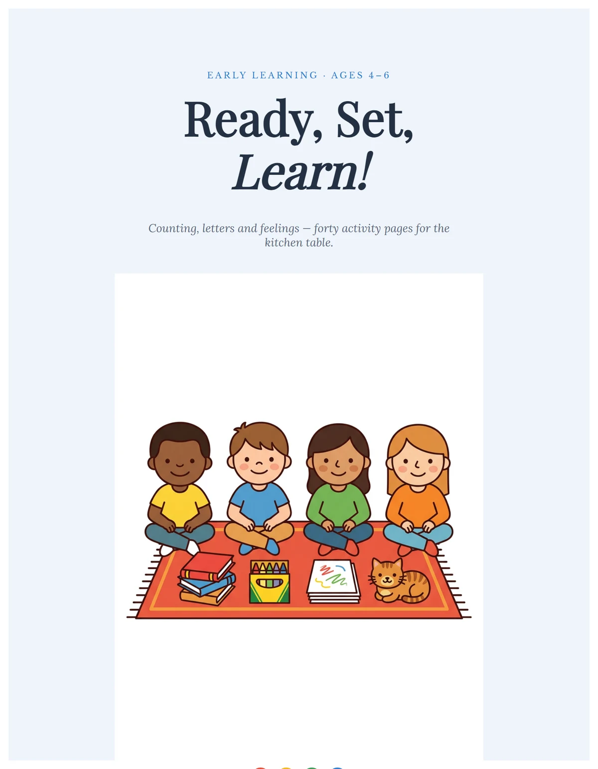 Children's workbook cover reading Ready, Set, Learn! with four children illustrated below the title