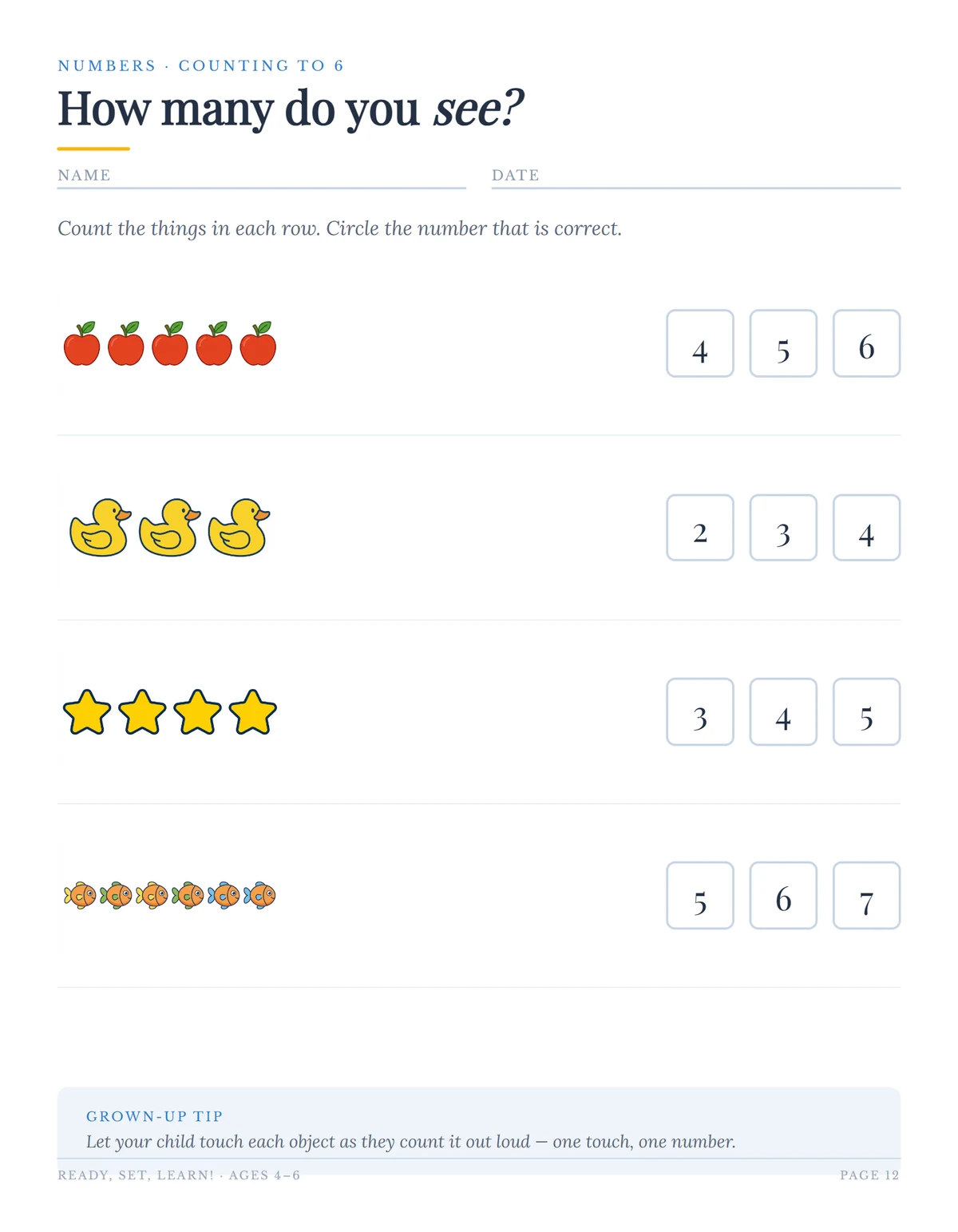 Counting worksheet with rows of apples, ducks, stars and fish beside numbered answer boxes
