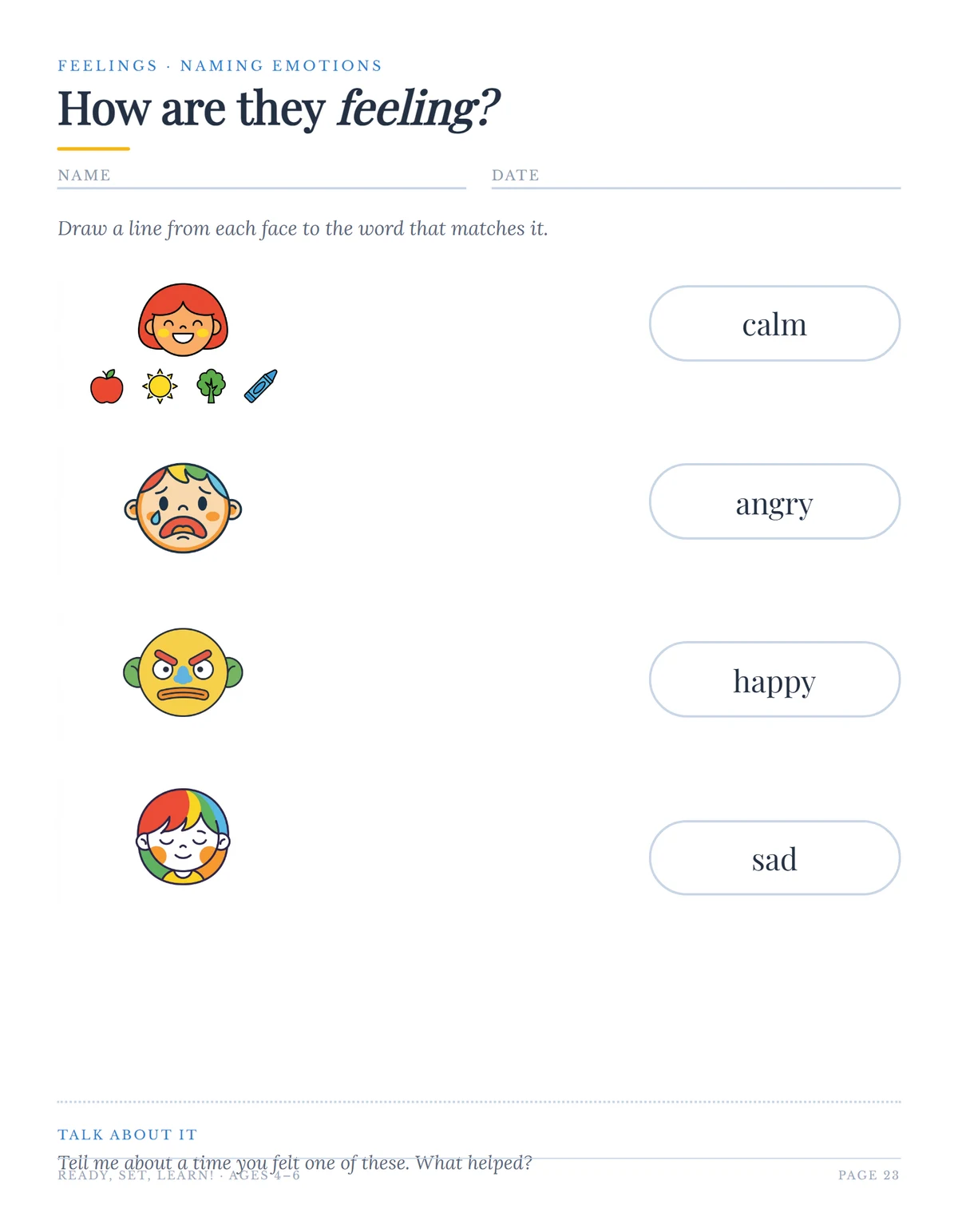 Emotions matching worksheet pairing four illustrated children's faces with the words happy, sad, angry and calm
