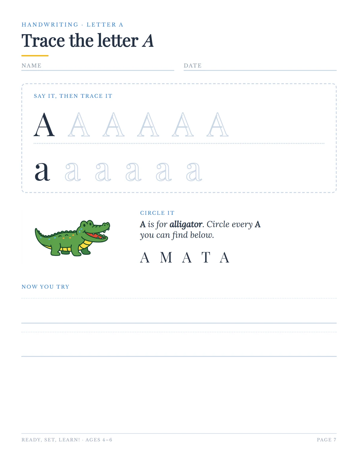 Letter A tracing worksheet with dotted guide letters, an alligator illustration and ruled practice lines