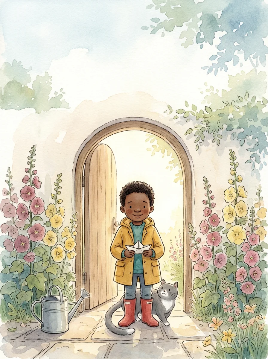 Watercolour picture-book cover: a child with short curls and deep brown skin standing with a cat at a garden gate, illustration running to all four edges.